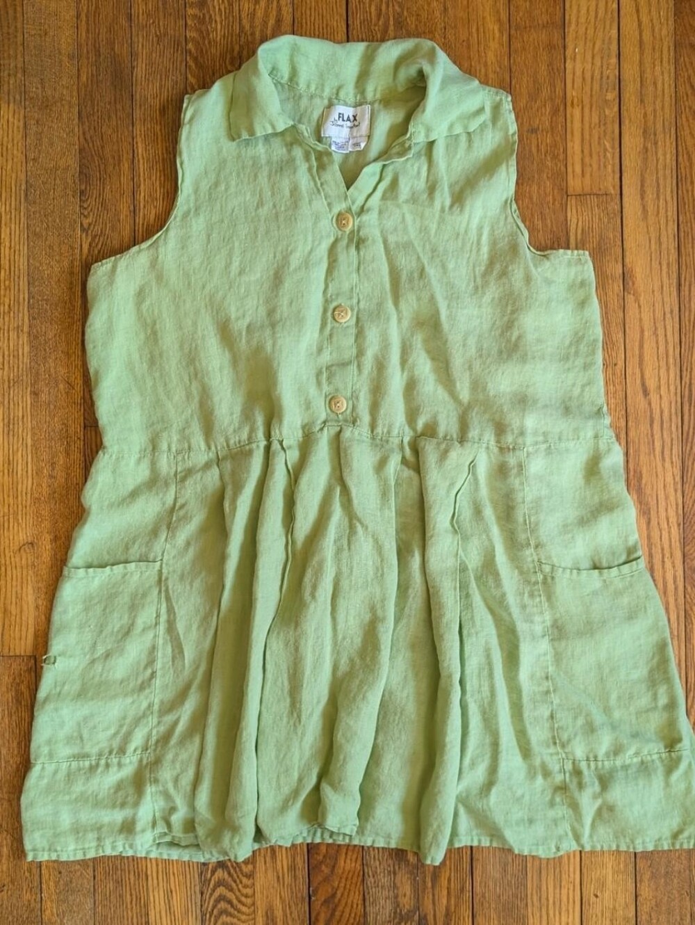 Vintage Flax Linen Green Sleeveless Dress Long Tunic Shirt